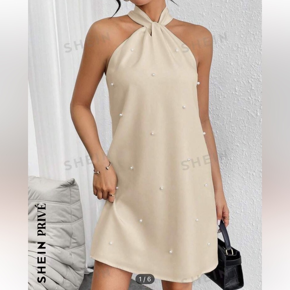 SHEIN - Privé Faux Pearl Decor Twist Halter Neck Dress - Size 2(XS)